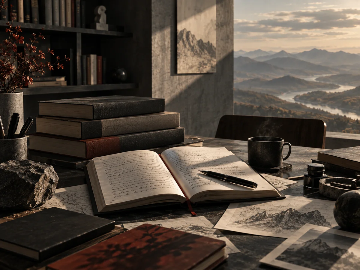 Книги и рукописи в кабинете с видом на горы